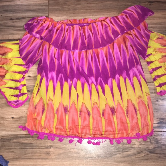 Inc colorful purple orange and yellow off shoulder Pom Pom  top - Picture 9 of 13